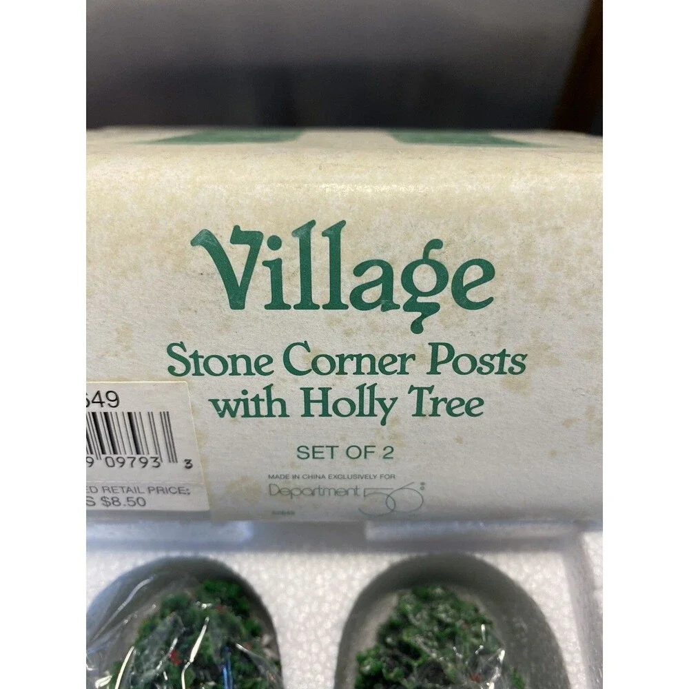 Dept 56 - Snow Village Stone Corner Post w/ Holly Tree  - 52649 - Set of 2 -NOS